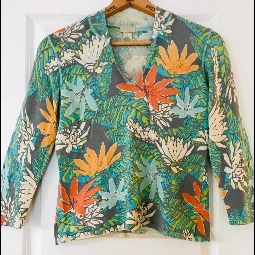 Sigrid Olsen Sport Sequined Tropical Floral Knit Sweater w MEASUREMENTS Medium